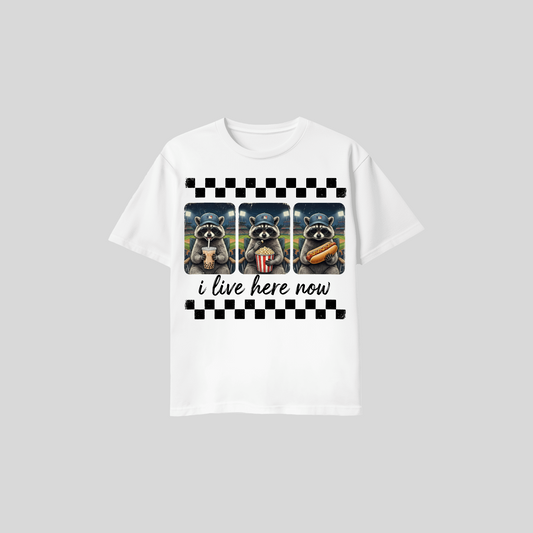 Raccoon Baseball Shirt – “I Live Here Now” Tee