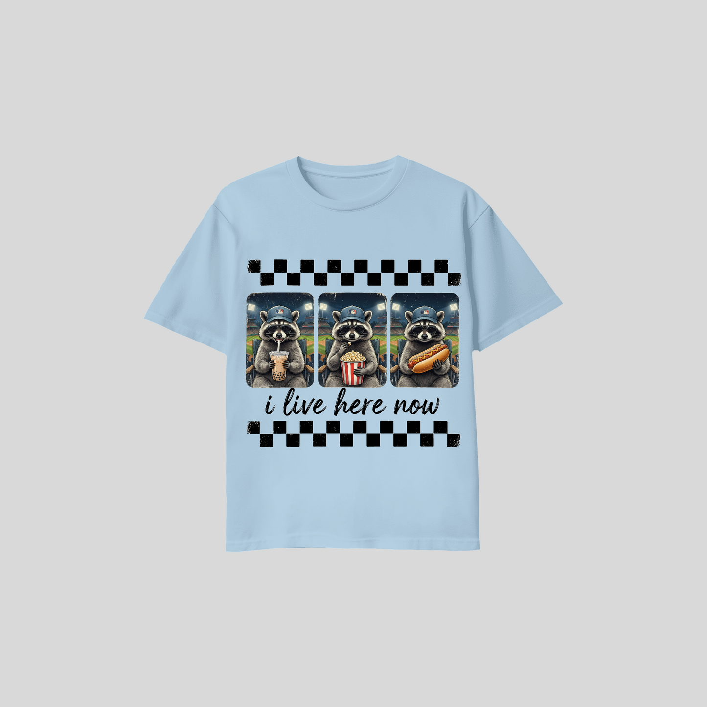 Raccoon Baseball Shirt – “I Live Here Now” Tee
