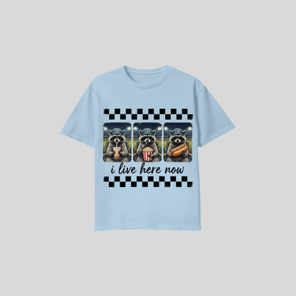 Raccoon Baseball Shirt – “I Live Here Now” Tee