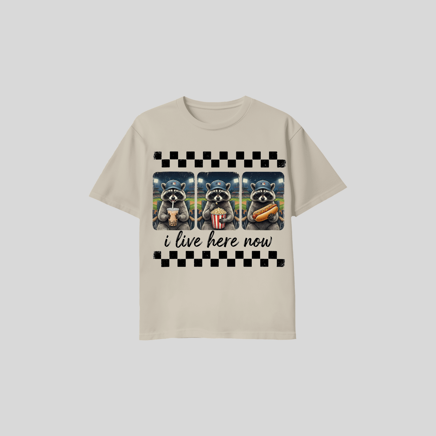 Raccoon Baseball Shirt – “I Live Here Now” Tee