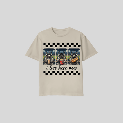 Raccoon Baseball Shirt – “I Live Here Now” Tee