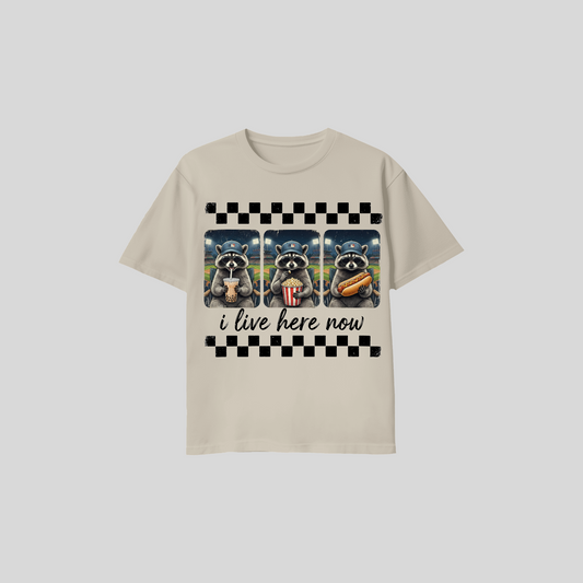 Raccoon Baseball Shirt – “I Live Here Now” Tee