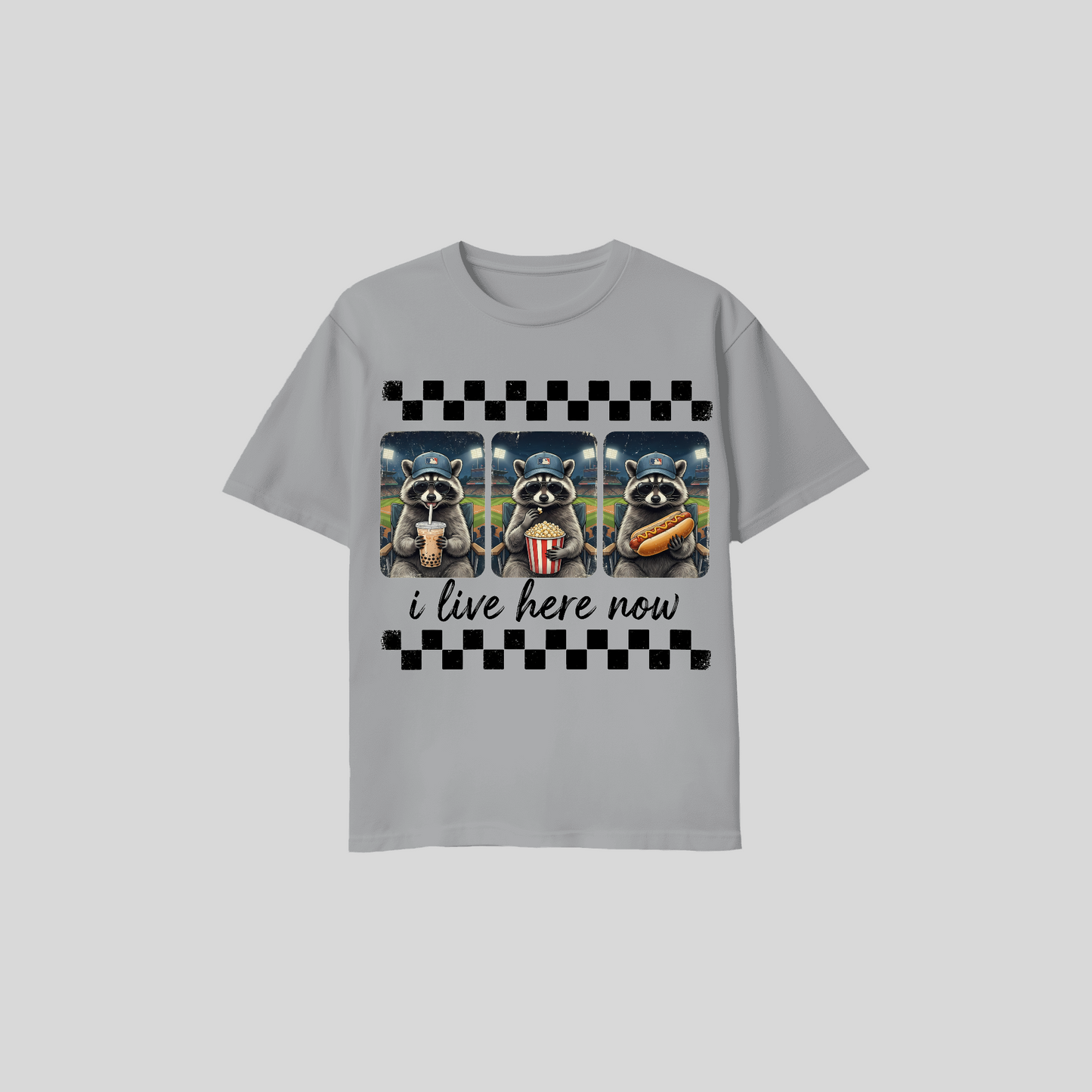 Raccoon Baseball Shirt – “I Live Here Now” Tee