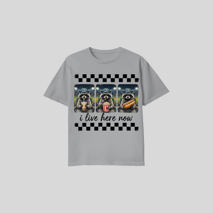 Raccoon Baseball Shirt – “I Live Here Now” Tee