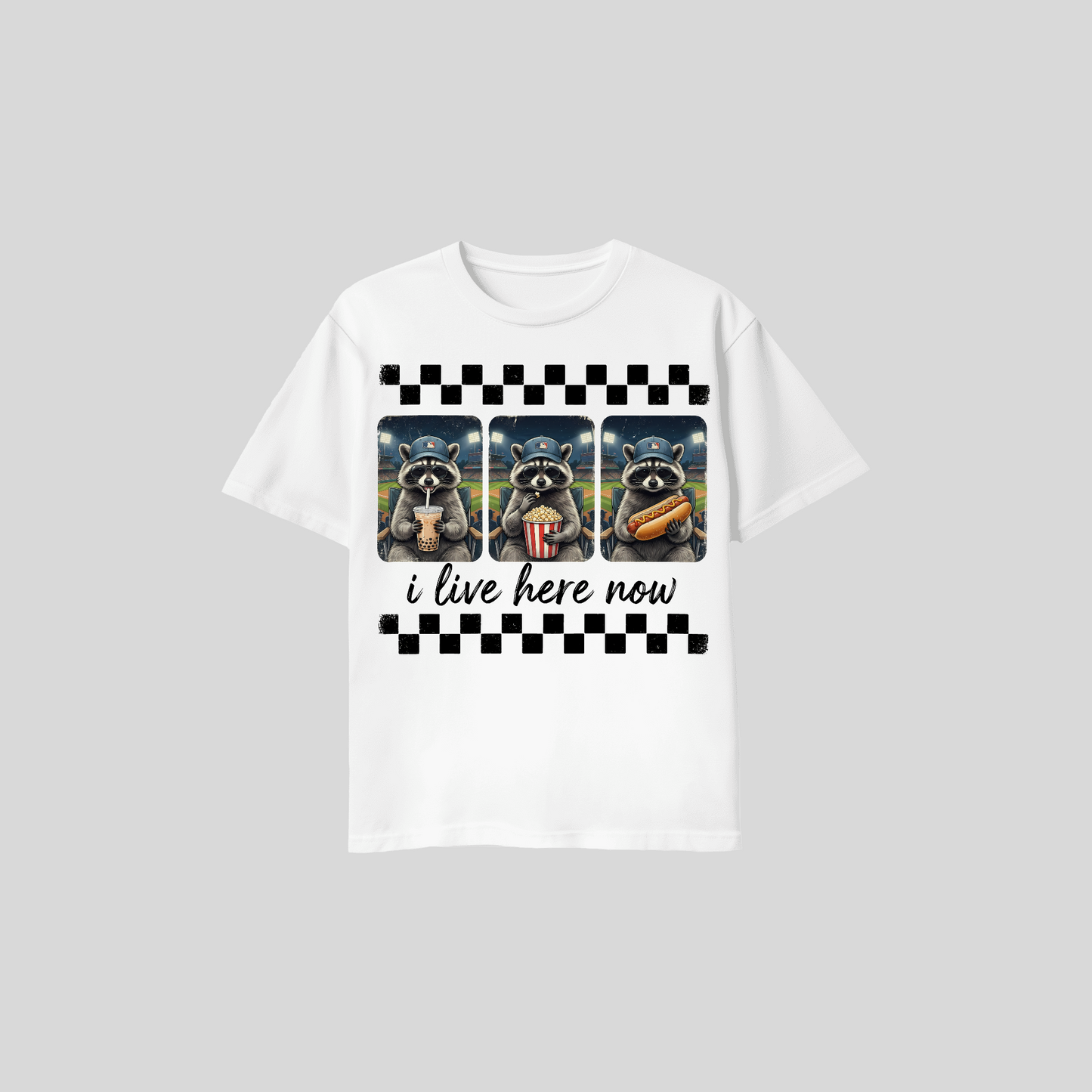 Raccoon Baseball Shirt – “I Live Here Now” Tee