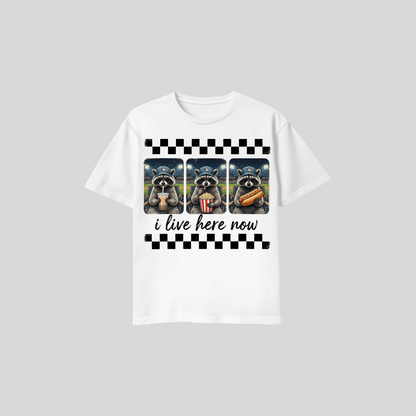 Raccoon Baseball Shirt – “I Live Here Now” Tee